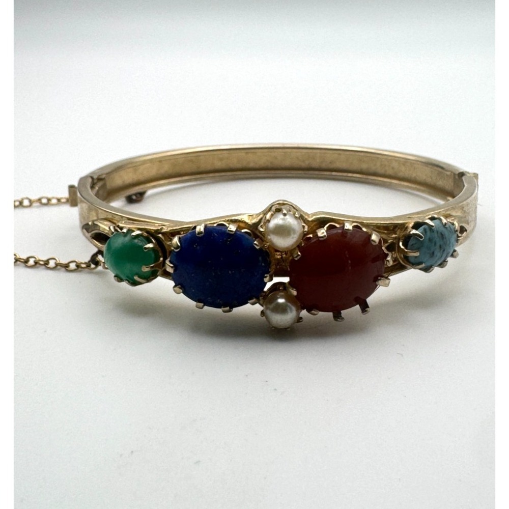 Vintage Cabochon Bracelet Green Blue Hinged Bangle Victorian Revival